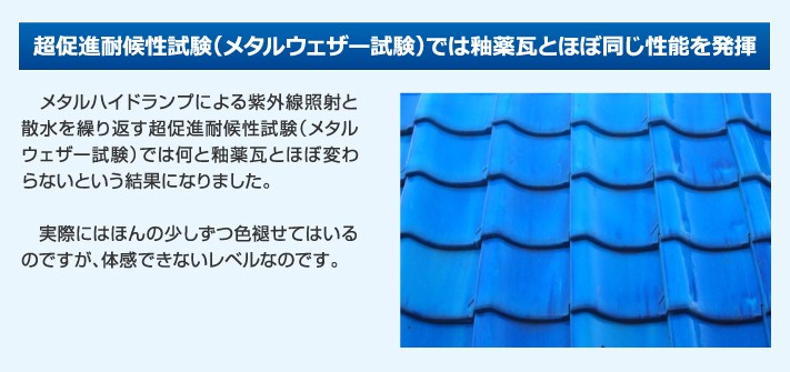 超促進耐候性試験(メタルウェザー試験)では釉薬瓦とほぼ同じ性能を発揮