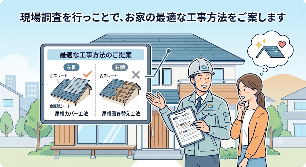 屋根カバー工事を実施　現地調査を行うことで、お住まいに最適な工事方法をご提案