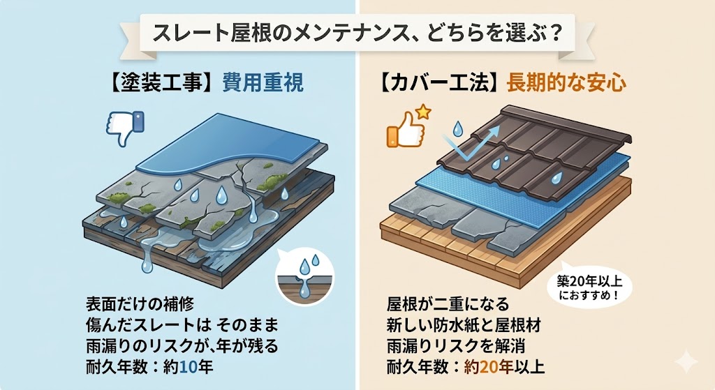 スレート屋根のメンテナンスどっちを選ぶ？