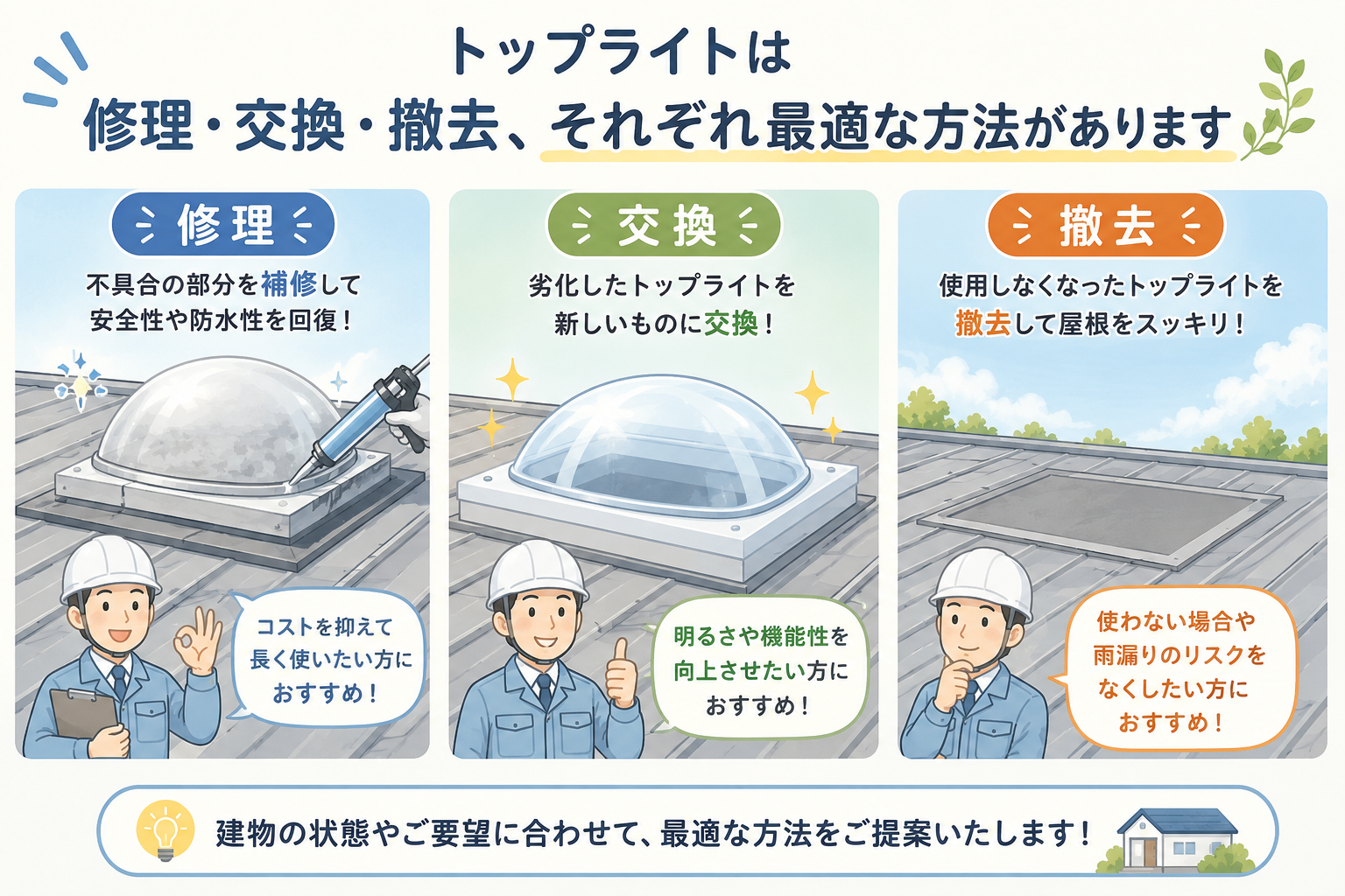 八潮市　トップライトの工事方法は、修理、こうっかん、撤去など様々です♬