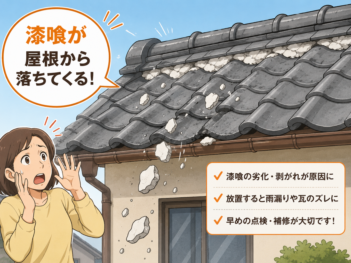 漆喰が劣化し剥がれてくる様子