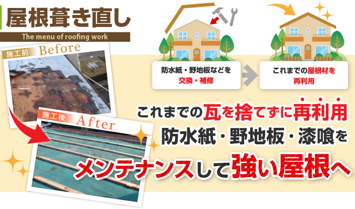 これまでの瓦を再利用する屋根葺き直し工事