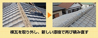 棟瓦を取り外し、新しい漆喰で積み直す